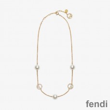 F is Fendi Pearls Chain Necklace In Metal Gold