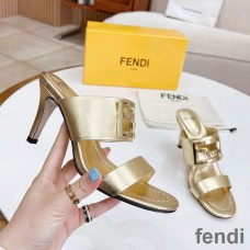 Fendi Baguette Heeled Slides Women Leather Gold