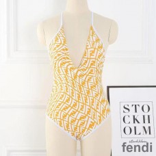 Fendi Crisscross Swimsuit Women FF Vertigo Motif Lycra Yellow