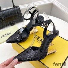 Fendi First Slingback Pumps Women Calf Leather with Sequins Embroidery Black