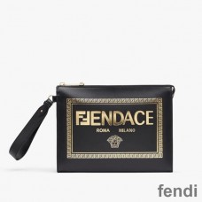 Fendi Flat Pouch In Fendace Logo Calf Leather Black