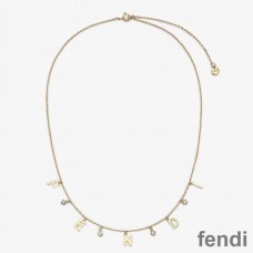 Fendi Lettering Necklace In Crystal Metal Gold