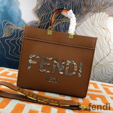 Fendi Medium Sunshine Shopper Bag In Python ROMA Logo Calf Leather Brown