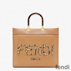 Fendi Medium Sunshine Shopper Bag In Python ROMA Logo Calf Leather Khaki