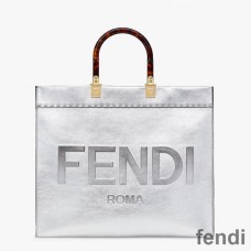 Fendi Medium Sunshine Shopper Bag In ROMA Logo Calf Leather Silver