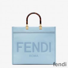 Fendi Medium Sunshine Shopper Bag In ROMA Logo Calf Leather Sky Blue