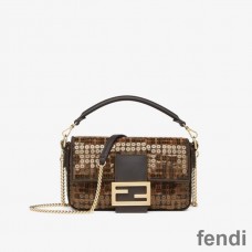Fendi Mini Baguette Bag In FF Motif Fabric with Sequins Brown