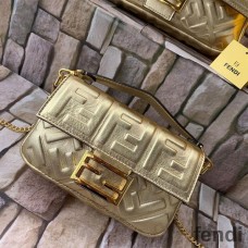 Fendi Mini Baguette Bag In FF Motif Nappa Leather Gold