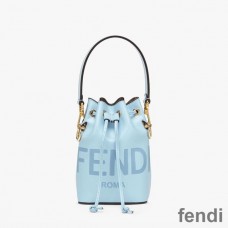 Fendi Mini Mon Tresor Bucket Bag In ROMA Logo Calf Leather Sky Blue