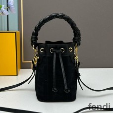 Fendi Mini Mon Tresor Bucket Bag with Woven Handle In FF Motif Canvas Black