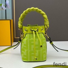 Fendi Mini Mon Tresor Bucket Bag with Woven Handle In FF Motif Canvas Green