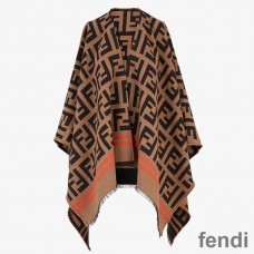 Fendi Poncho In FF Motif Wool and Silk Brown
