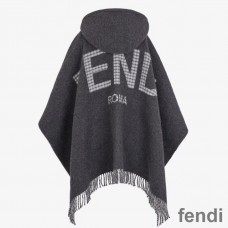 Fendi Poncho with Hood In Roma Logo Wool and Cashmere Black