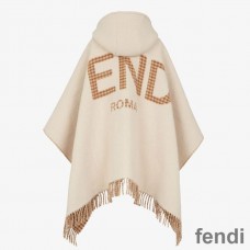 Fendi Poncho with Hood In Roma Logo Wool and Cashmere Khaki