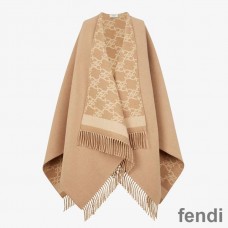 Fendi Reversible Poncho In Karl Motif Wool and Cashmere Beige