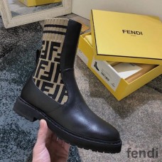 Fendi Rockoko Ankle Boots Women Leather with FF Motif Stretch Fabric Brown
