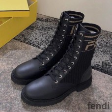 Fendi Rockoko Combat Boots Women Leather with FF Stripes Stretch Fabric Black