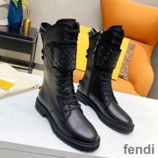Fendi Rockoko Combat Boots Women Smooth Leather with Velcro Straps Black/White