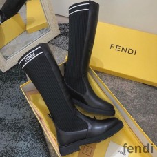 Fendi Rockoko High Ankle Boots Women Leather with FF Stripes Stretch Fabric Black/White