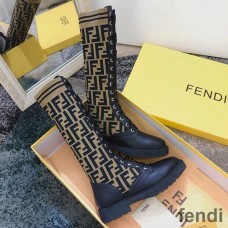 Fendi Rockoko High Combat Boots Women Leather with FF Motif Stretch Fabric Brown