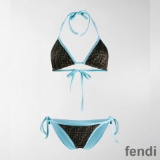 Fendi Triangular Bikini with Ties Women FF Motif Lycra Brown/Sky Blue