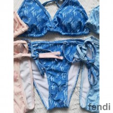 Fendi Triangular Bikini with Ties Women Graphic Logo Motif Lycra Blue