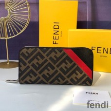 Fendi Zip Around Wallet In FF Motif Fabric Brown/Red