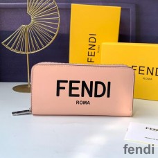 Fendi Zip Around Wallet In ROMA Logo Calf Leather Pink
