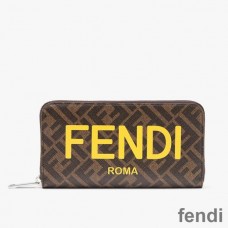 Fendi Zip Around Wallet In ROMA Logo FF Motif Fabric Brown