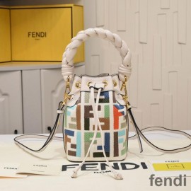 Fendi Mini Mon Tresor Bucket Bag with Woven Handle In FF Motif Canvas Beige